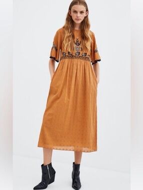 Zara TRF Embroidered Boho Maxi Dress Mustard Yellow Pom Pom Trim Pockets XS